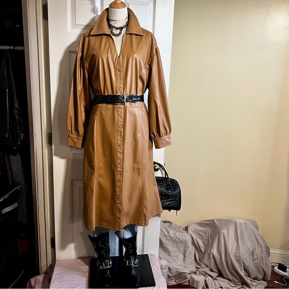 Christian Siriano Jackets & Blazers - Womens Caramel‎ Faux Leather Retro Puff Sleeve Boho Button Duster Dress Coat 1XP